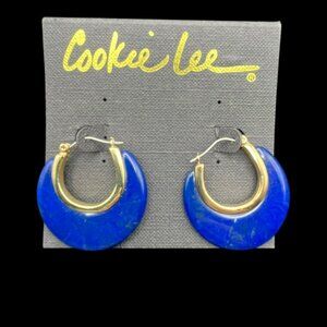 VTG Cookie Lee‎ Earrings Hoop  Lapis Lazuli Blue Pyrite Inclusions Gold Tone NEW